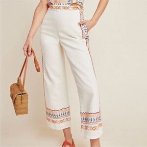 NWT Anthropologie Islander Embroidered Straight Leg Cropped Pants Sz 0
